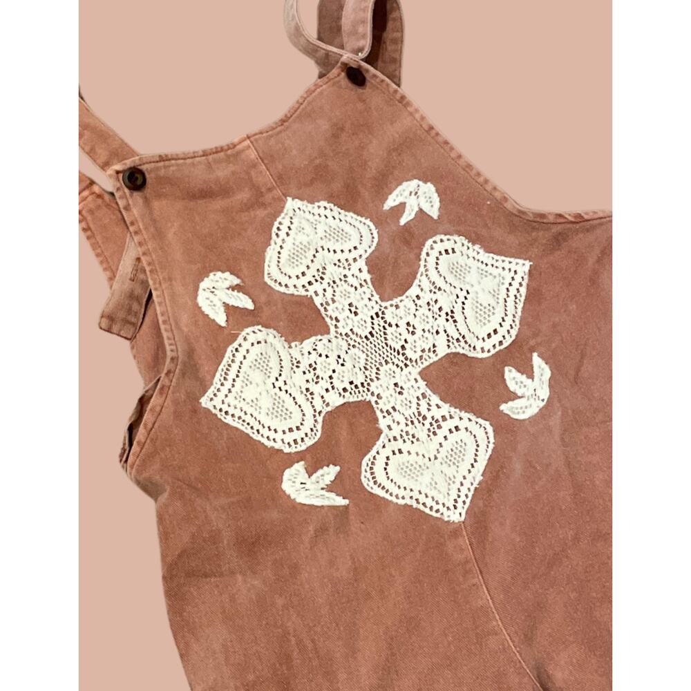 Small Bohme Upcycled Pink Lace Coveralls | Boho Indie Maximalist Reworked